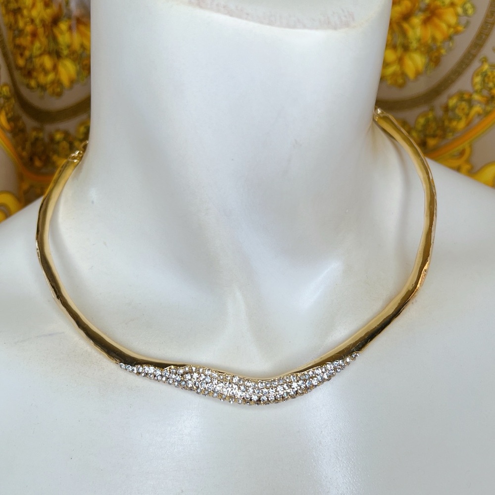 Gold filled CZ pave hammered choker necklace & bracelet set adjustable